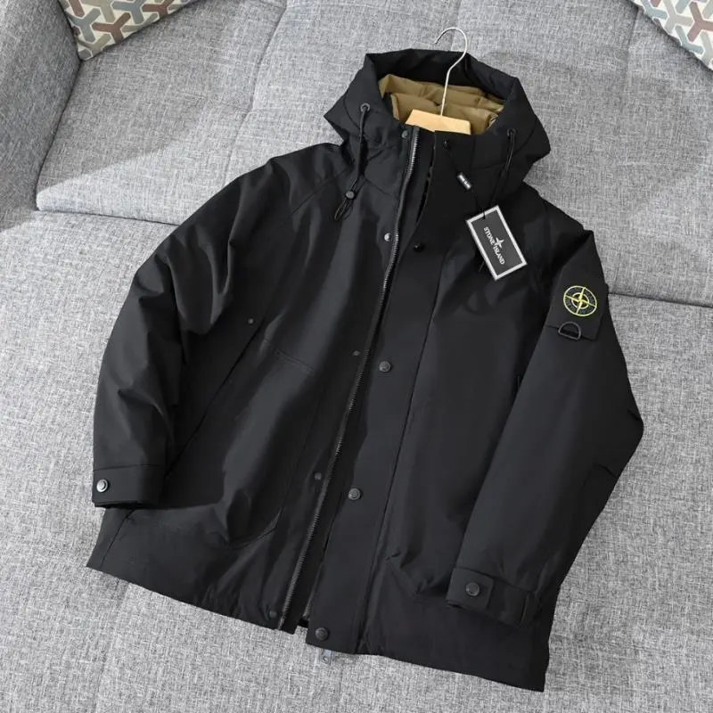 Stone Island Black Hooded Jacket with Logo Patch