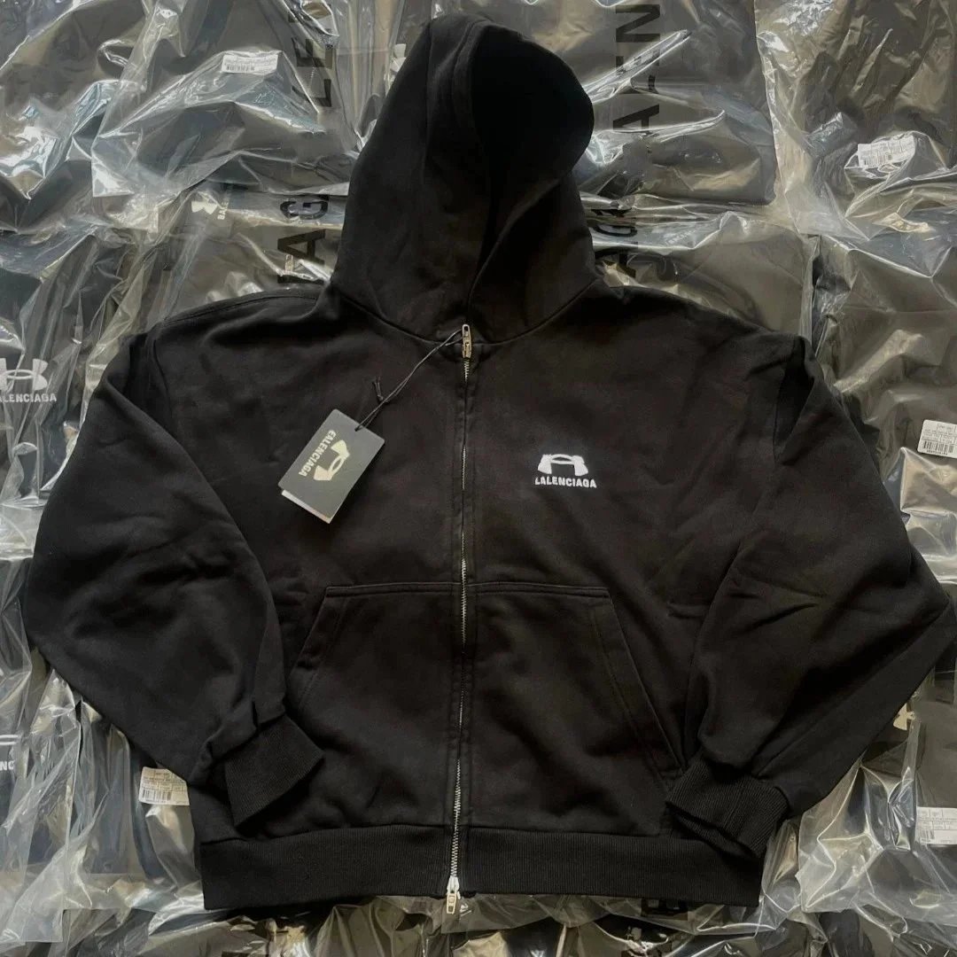 Balenciaga Black Hoodie Zip-Up Sweatshirt Men's Fashion