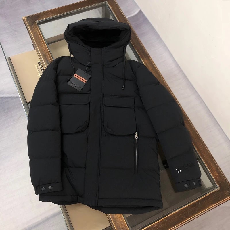 Men's Black Puffer Jacket with Hood and Multiple Pockets