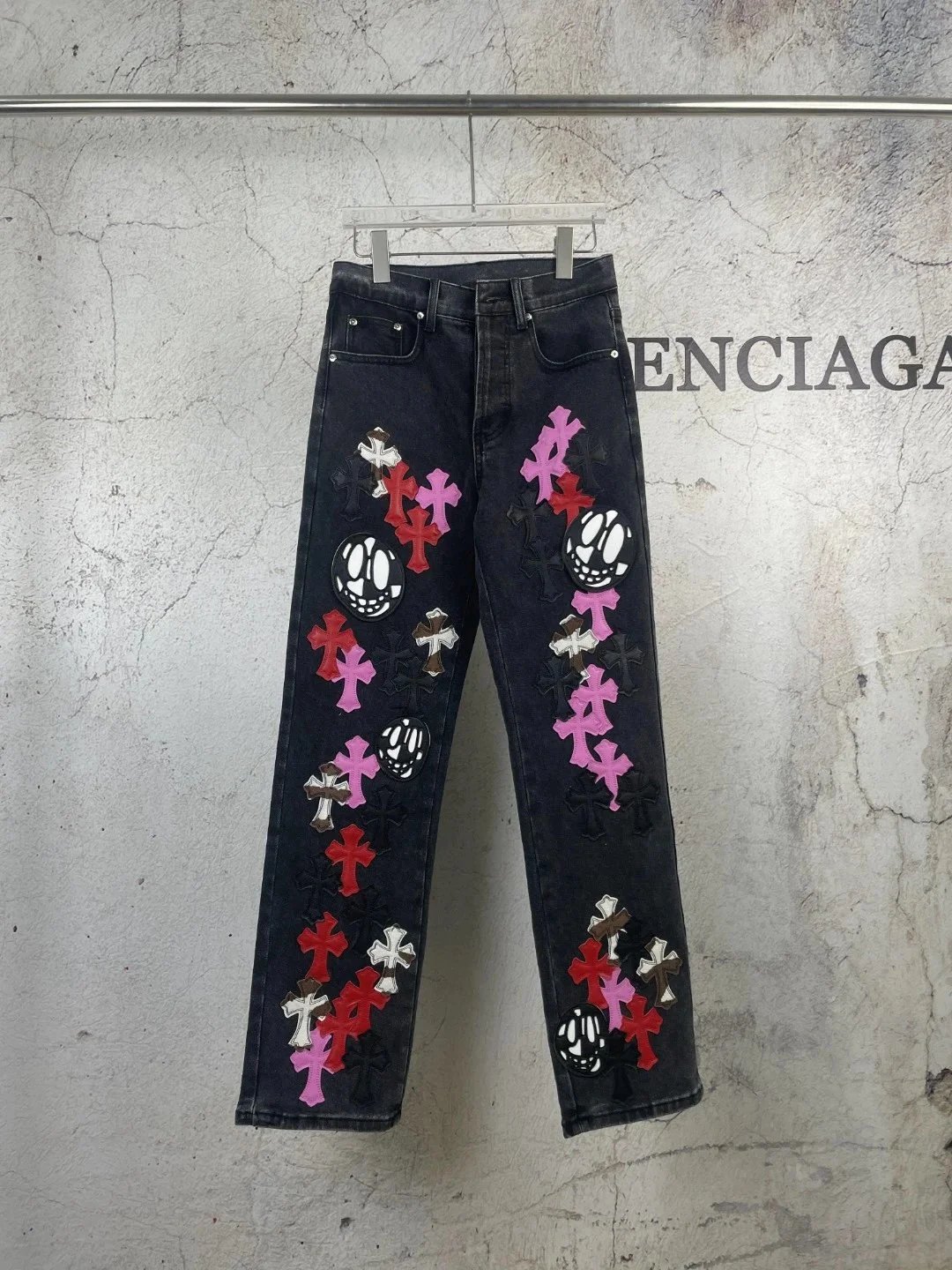 Balenciaga Embroidered Cross and Skull Denim Pants