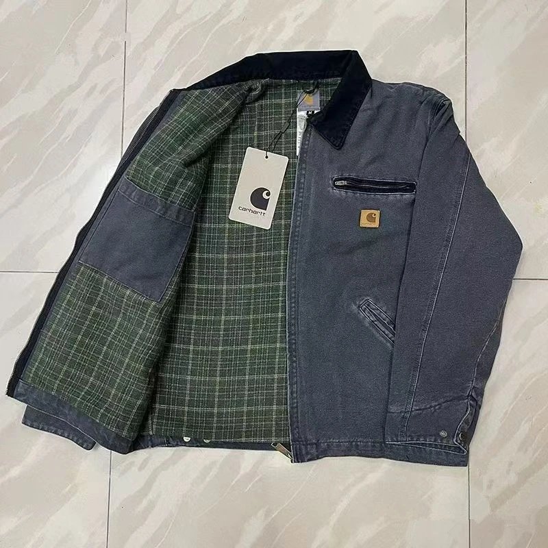 Carhartt Work Jacket Men's Dark Gray Plaid Lined Utility Coat