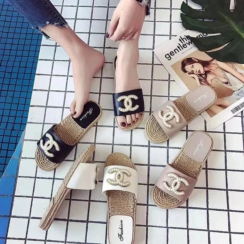 Chanel Style Pearl Logo Slides Women's Flat Sandals