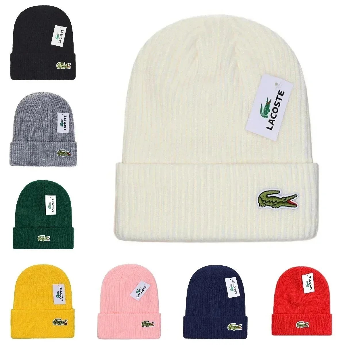 Lacoste Knit Beanie Hat with Crocodile Logo - Winter Headwear