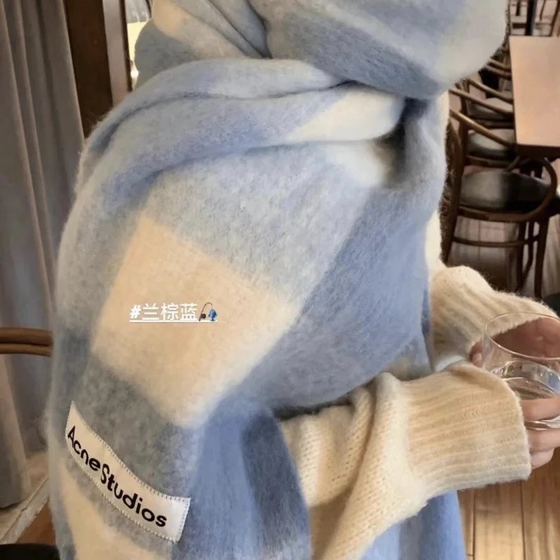 Blue and Cream Plaid Wool Scarf for Women Winter Fashion Accessory