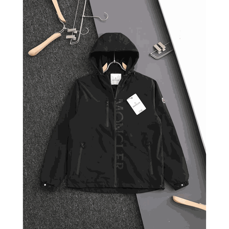 Moncler Black Hooded Jacket with Vertical Logo Print