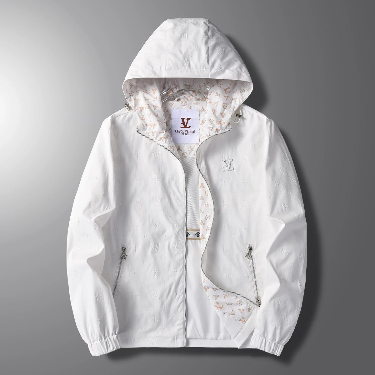 White Hooded Jacket with Monogram Pattern and Zipper Pockets