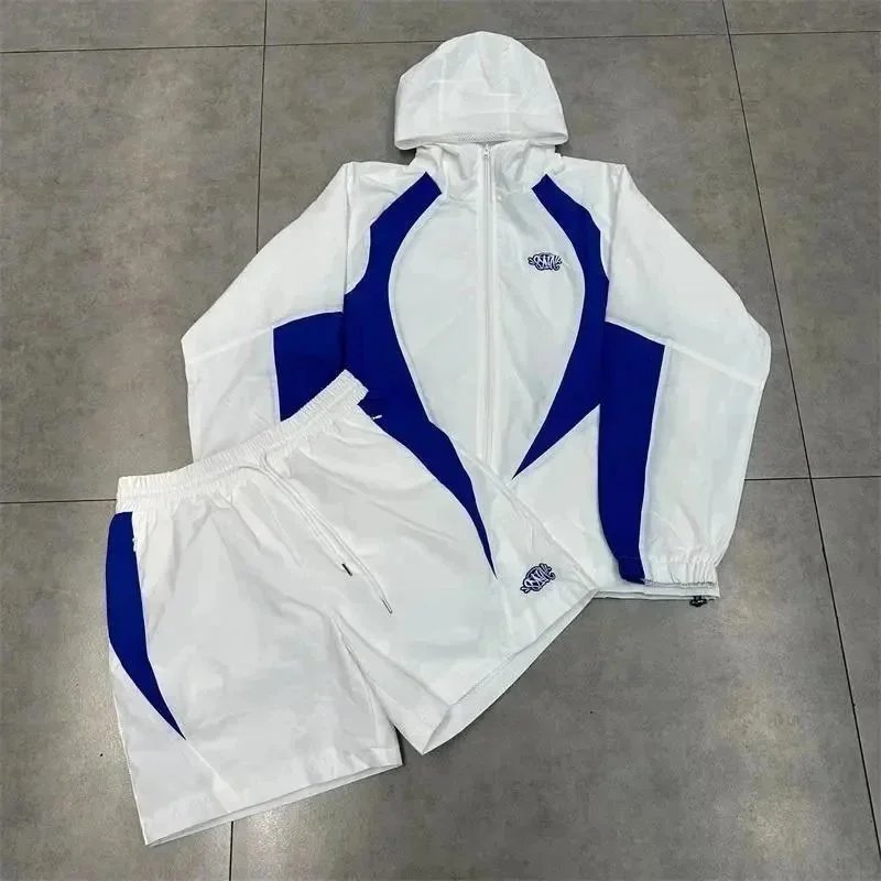 White and Blue Sport Tracksuit Hoodie and Shorts Set