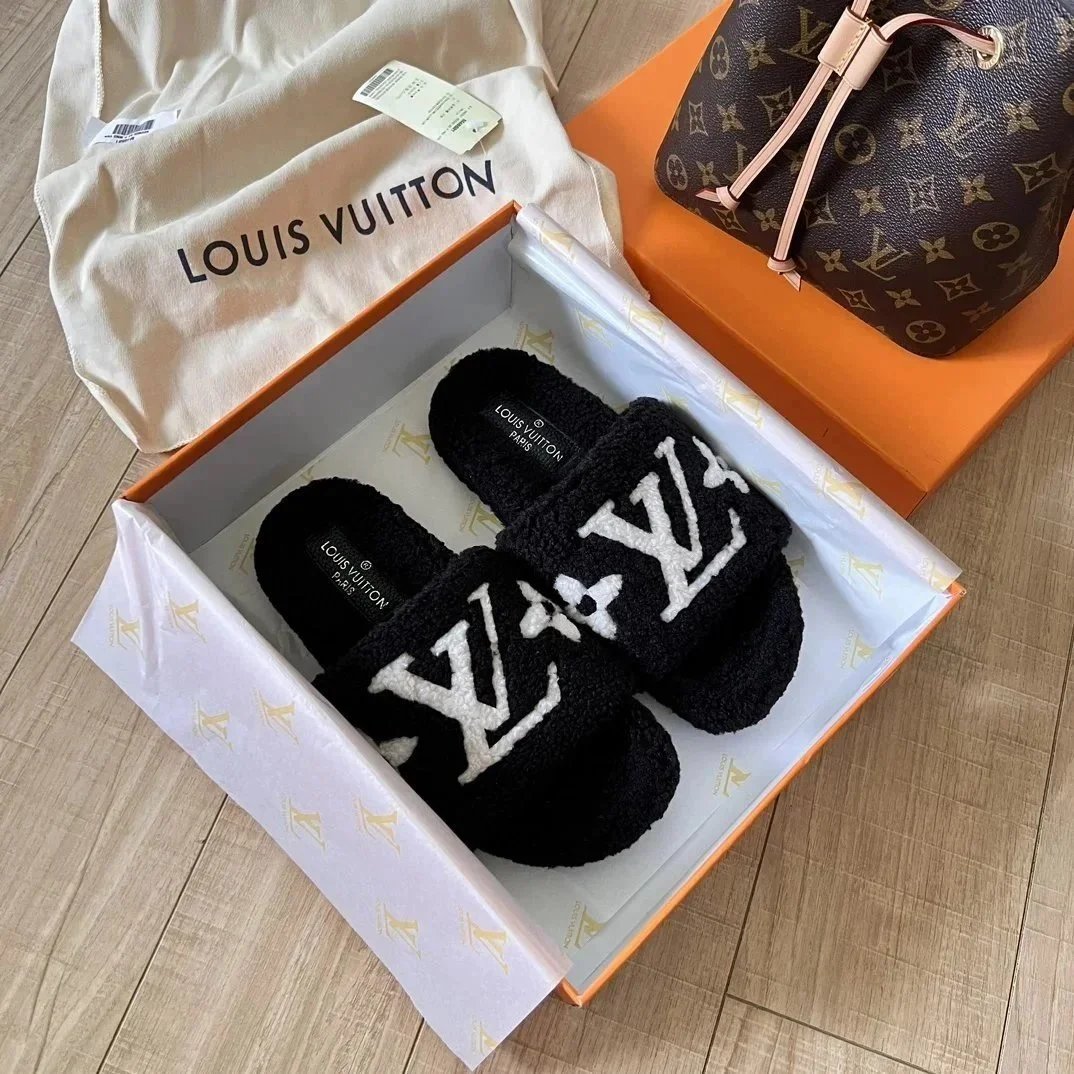 Louis Vuitton Monogram Logo Slides Black Fuzzy Slippers