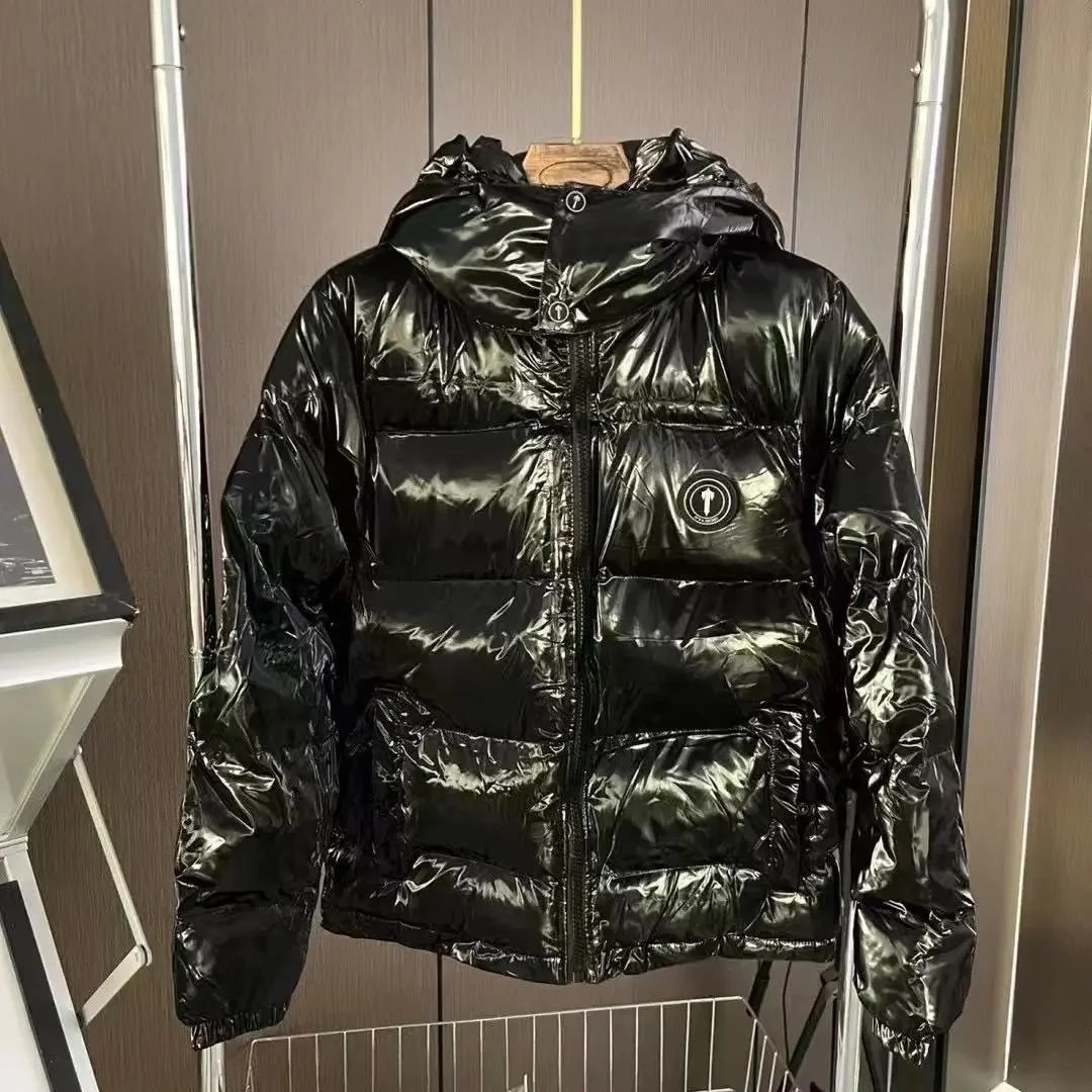 Black Glossy Hooded Down Jacket for Men Women