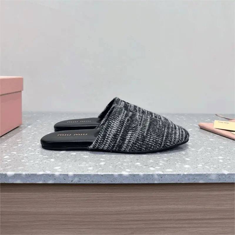 Miu Miu Black and White Knit Slides Flat Shoes
