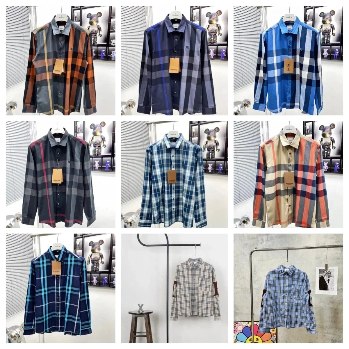 Burberry Check Pattern Long Sleeve Shirts for Men
