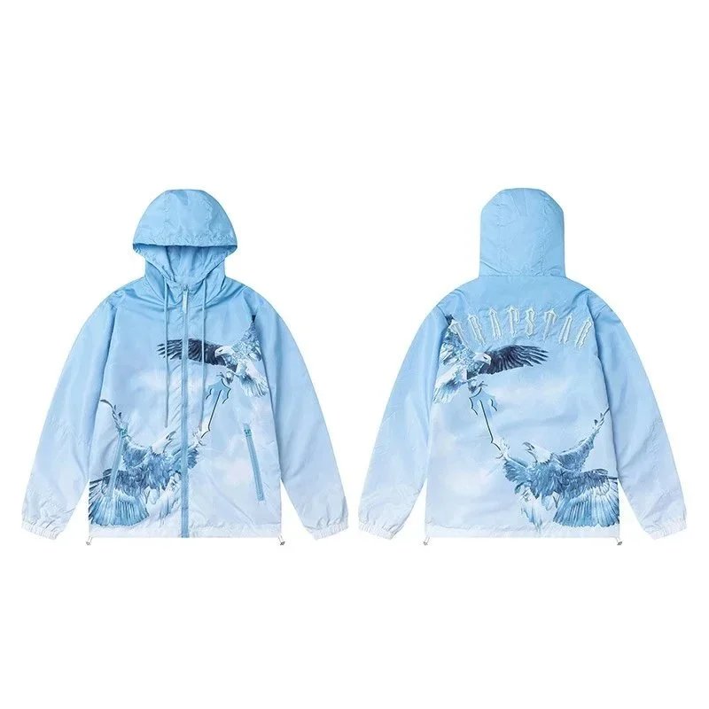 Tropzpak Blue Eagle Print Hooded Jacket Men Women Streetwear Windbreaker
