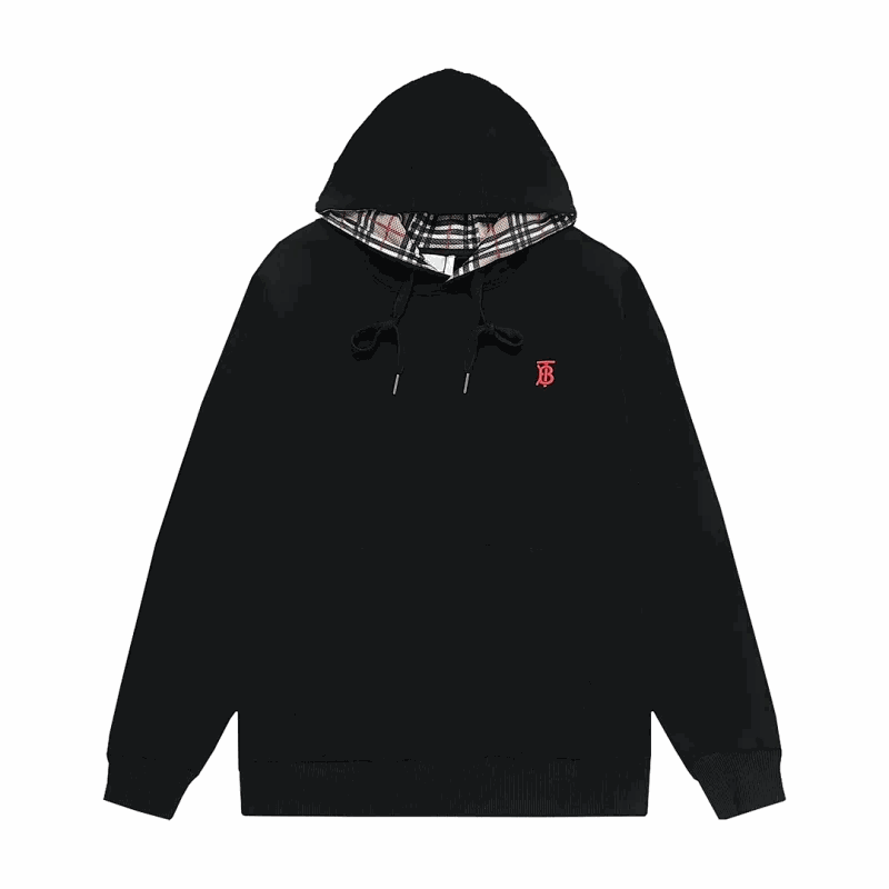 Burberry Black Hoodie with Check Lining and TB Logo