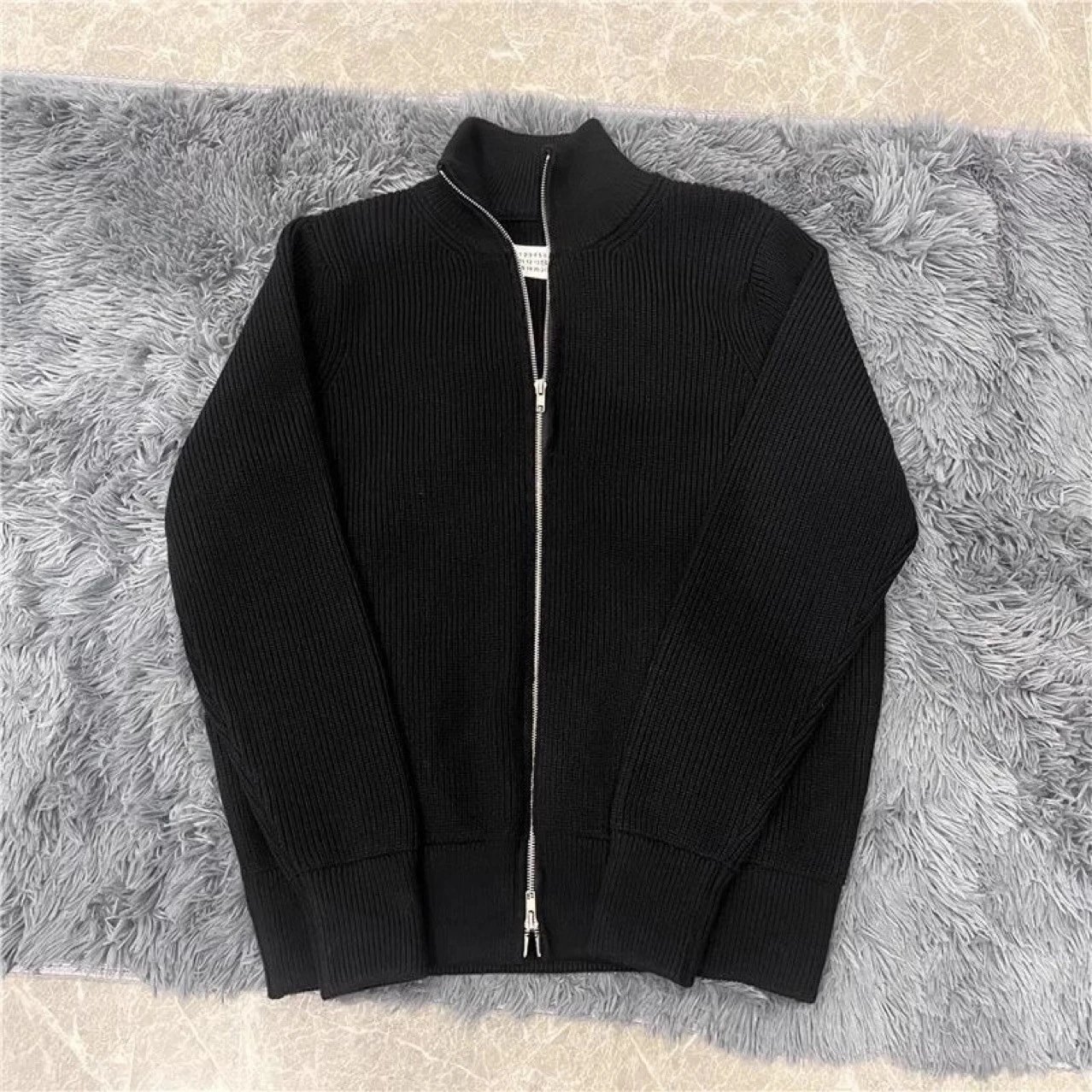 Black Ribbed Zip-Up Knit Sweater Jacket