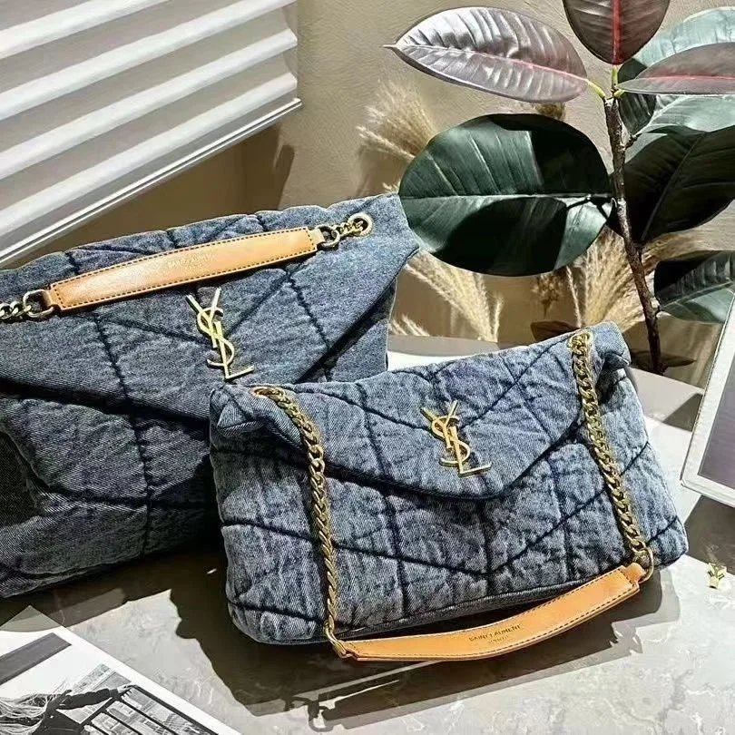 Saint Laurent Denim Quilted Shoulder Bag with Gold Chain