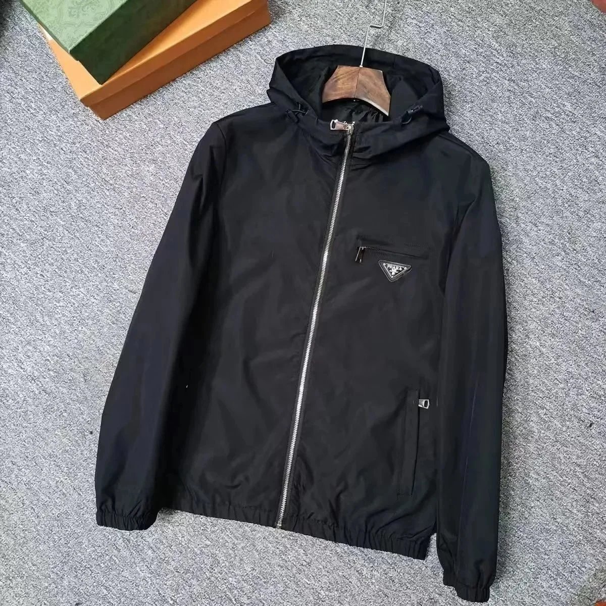 Prada Men's Black Hooded Windbreaker Jacket with Logo Patch