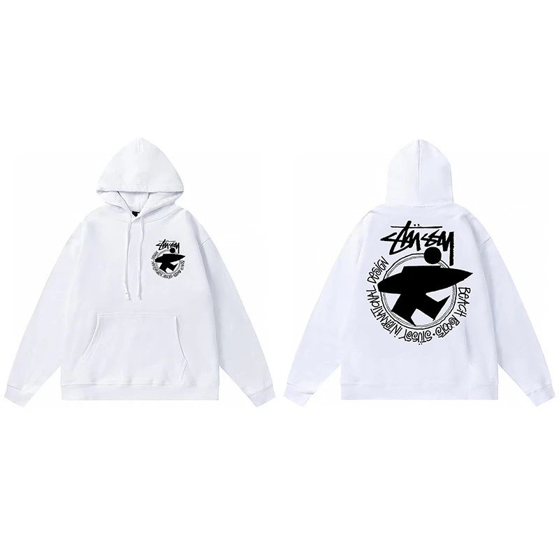 Stussy White Hoodie with Logo Print Men's Streetwear Sweatshirt