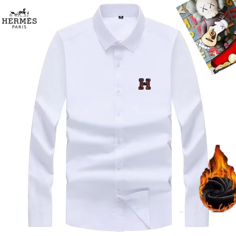 Hermes White Long Sleeve Shirt Men's Embroidered H Logo Formal Wear