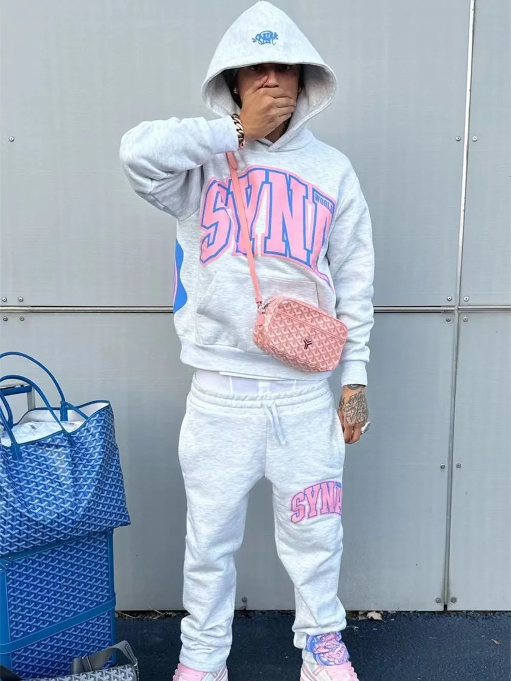 SYN Hoodie Sweatshirt Gray Pink Logo Streetwear Fashion