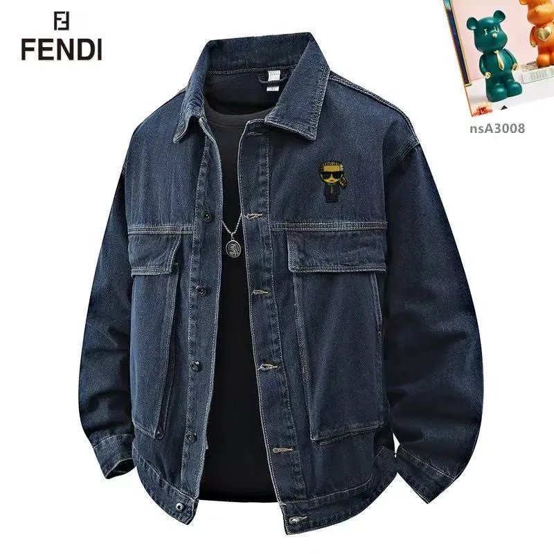 FENDI Denim Jacket with Bear Logo Patch Men's Fashion Outerwear