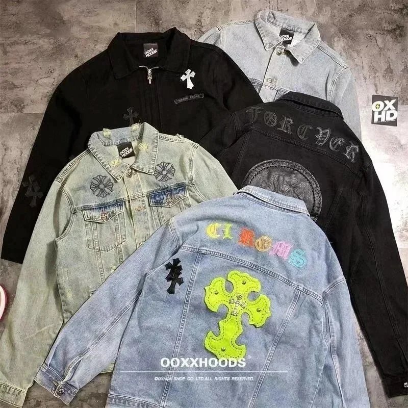 OOXXHOODS Denim Jackets with Cross Embroidery and Patchwork Design