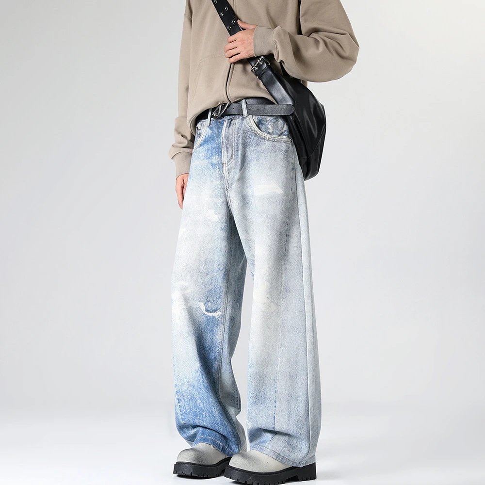 Washed Wide Leg Denim Pants Men Streetwear Style
