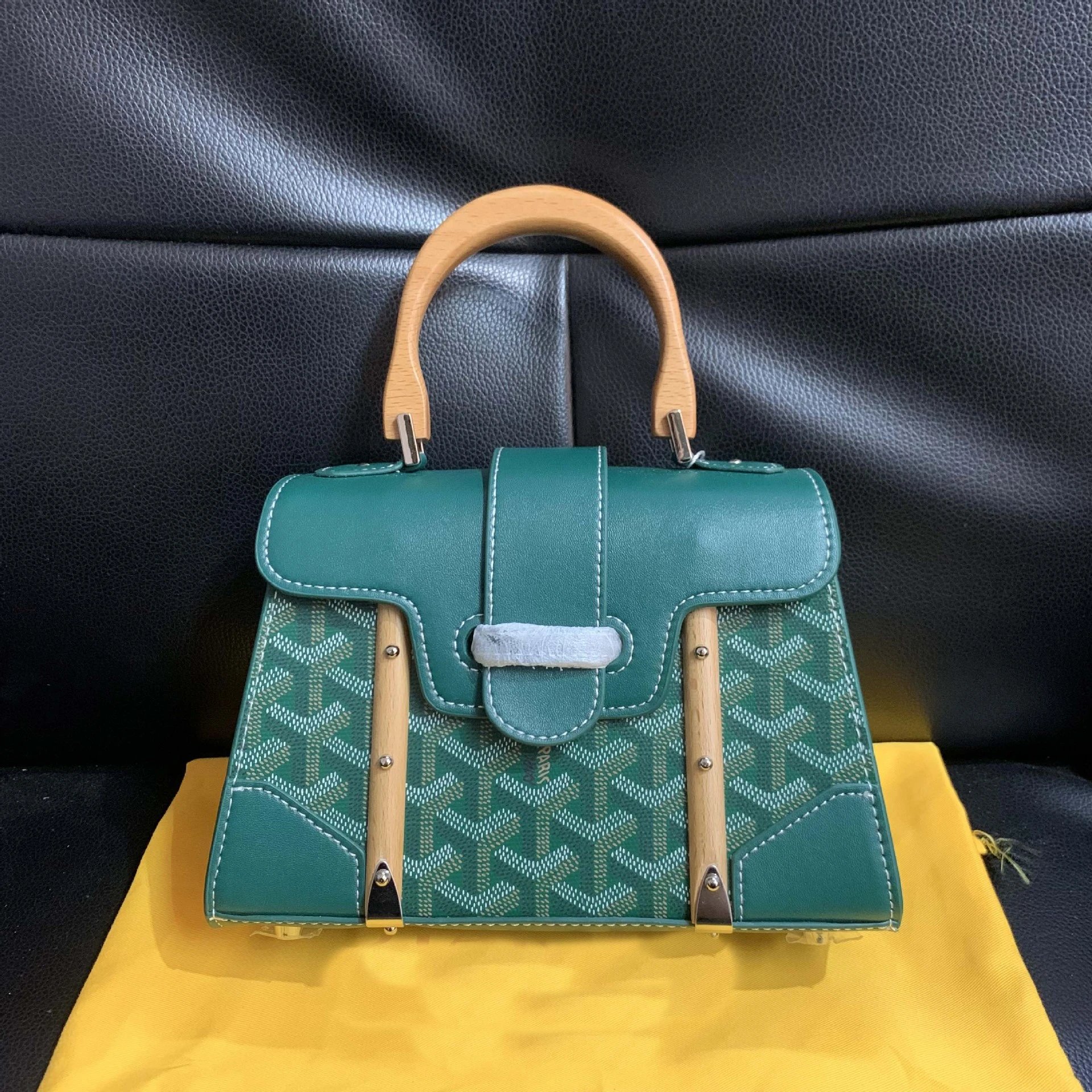 Goyard Green Monogram Canvas Handbag with Wooden Handle