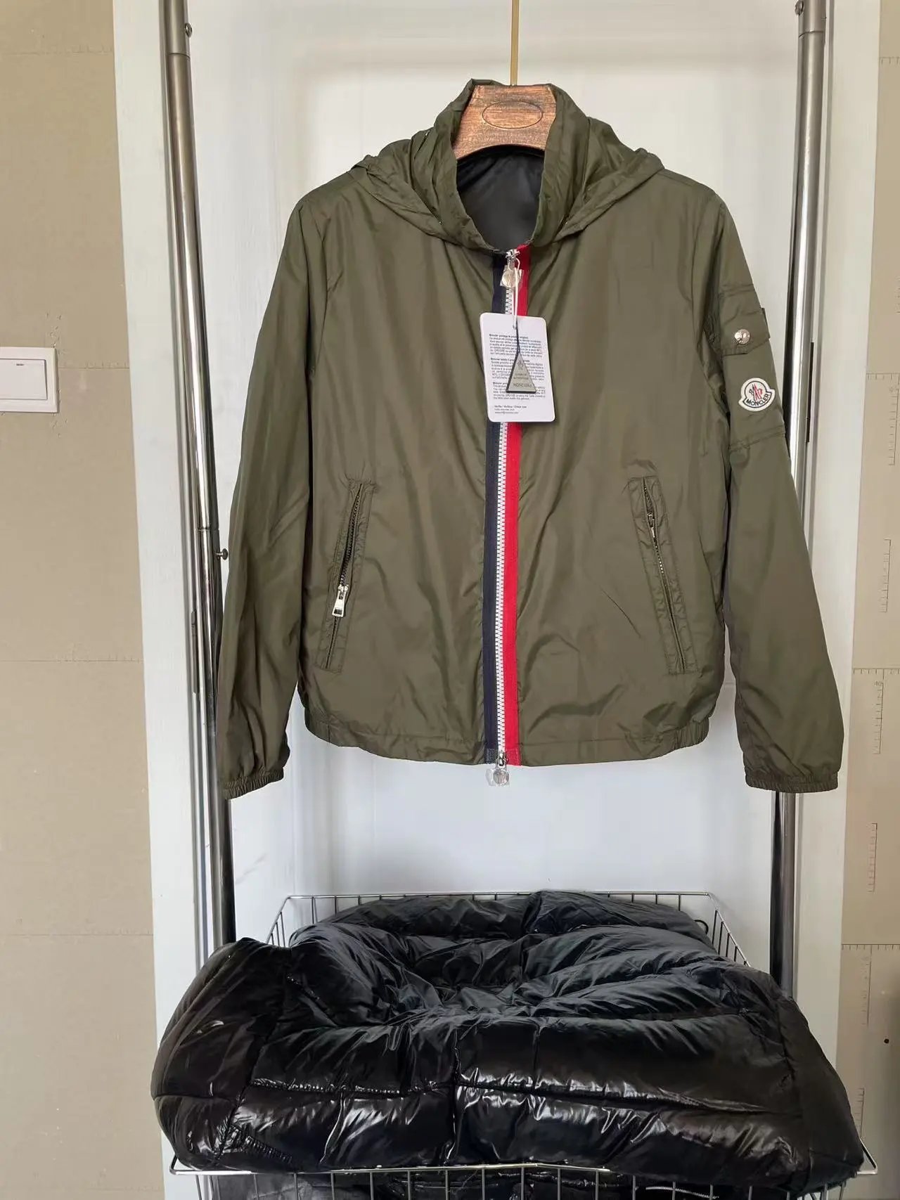 Moncler Olive Green Hooded Jacket with Red White Blue Zip