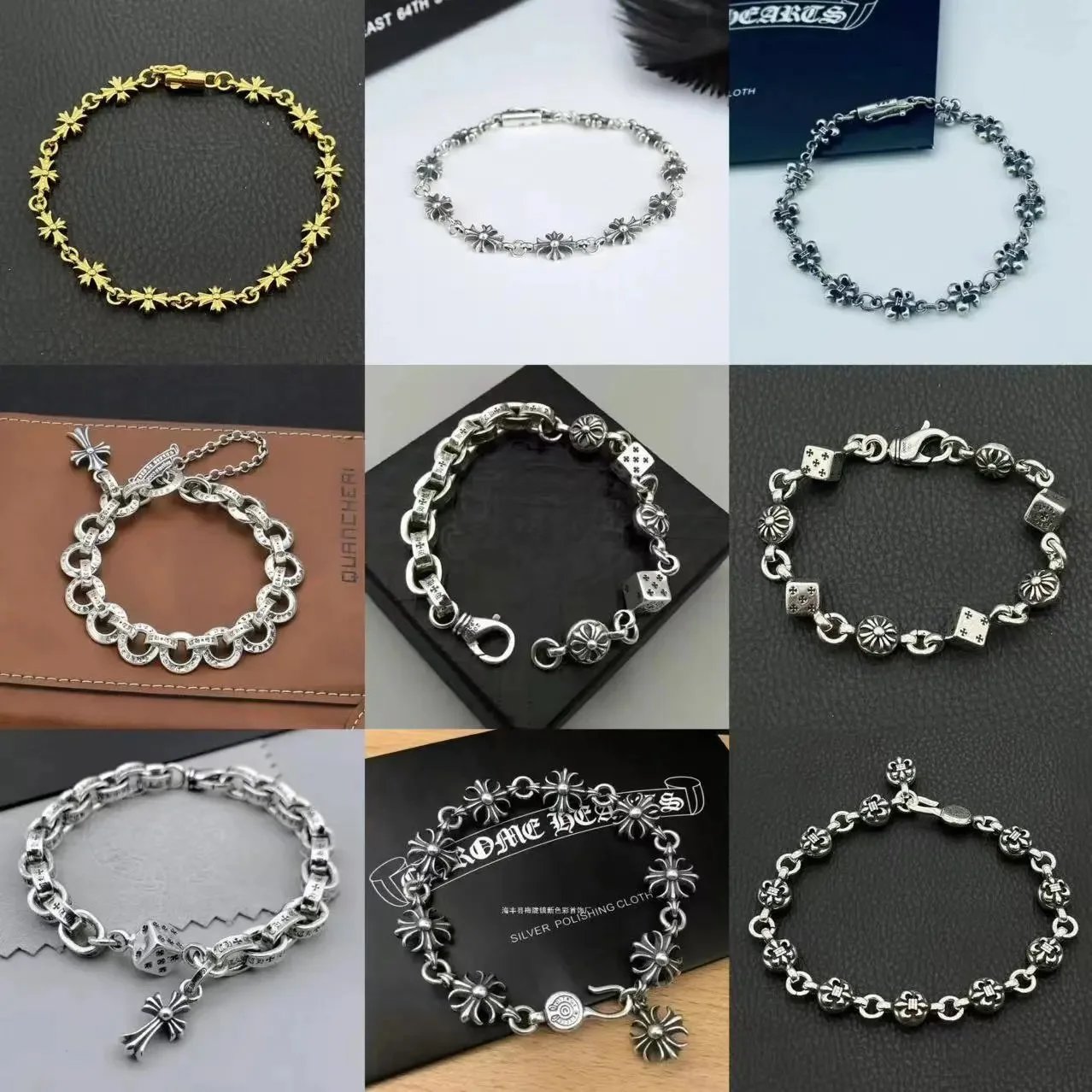 Silver Bracelets for Men and Women Fashion Chain Jewelry with Flower and Dice Design