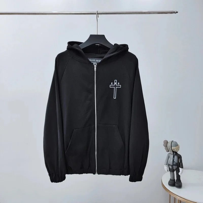 Black Cross Logo Zip-Up Hoodie Men's Fashion Streetwear