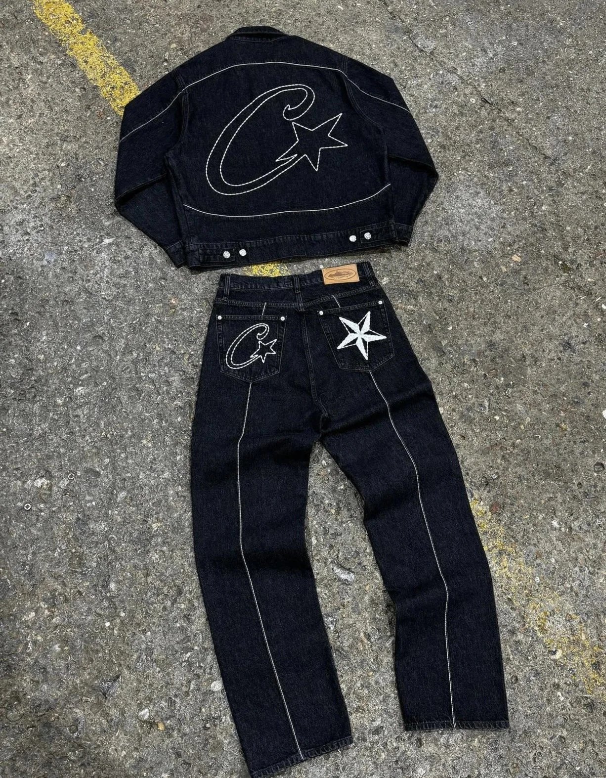 C*Star Denim Jacket and Jeans Set Black with White Stitching