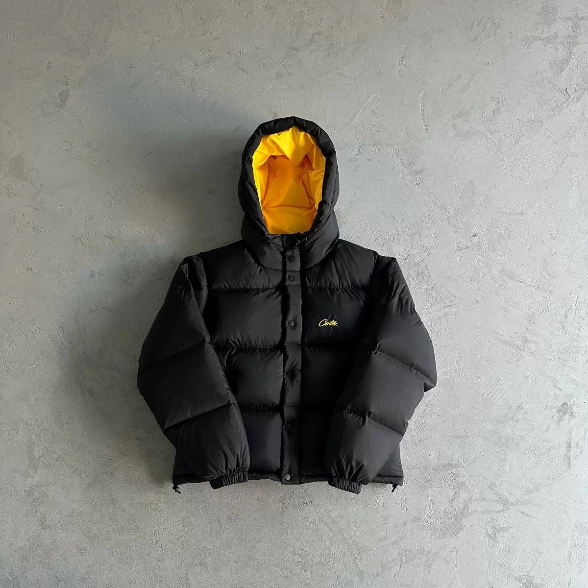 Black Puffer Jacket with Yellow Lining Hooded Winter Coat
