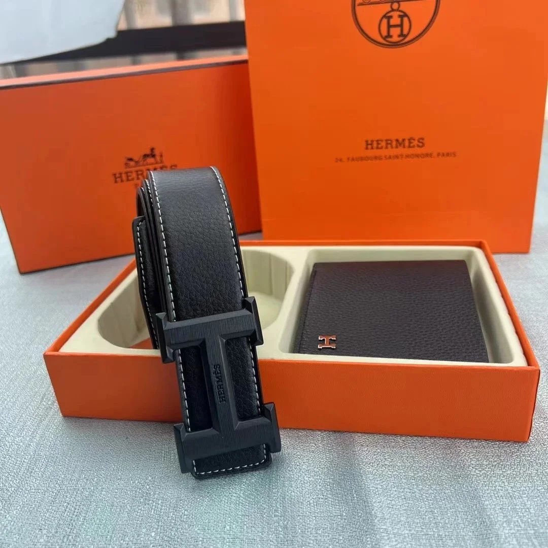 Hermes Black Leather Belt with T Buckle
