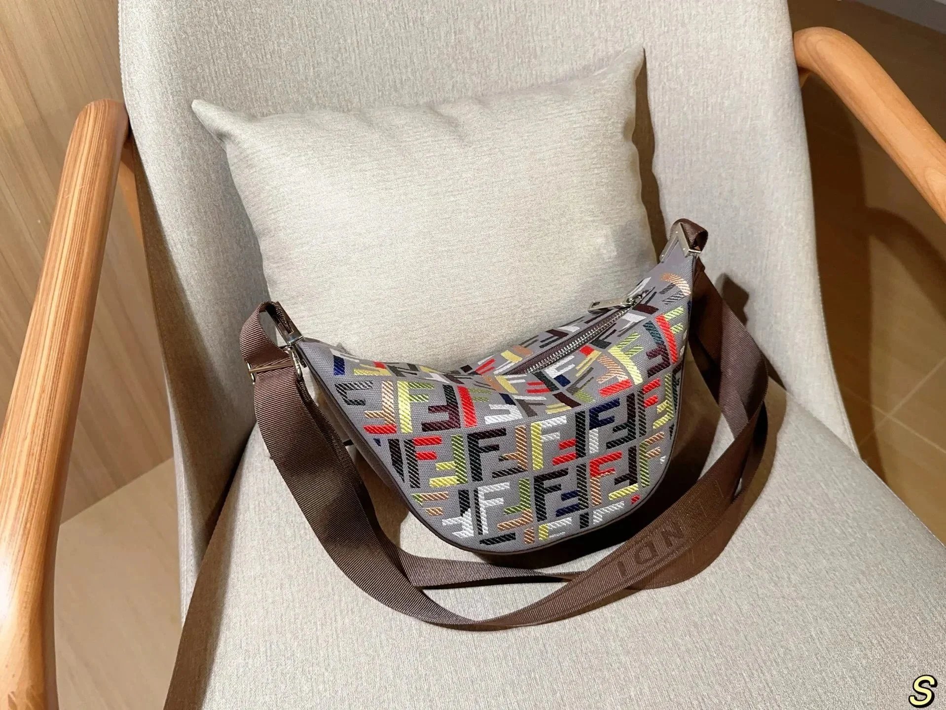 FENDI Monogram Print Crossbody Bag Grey Multicolor
