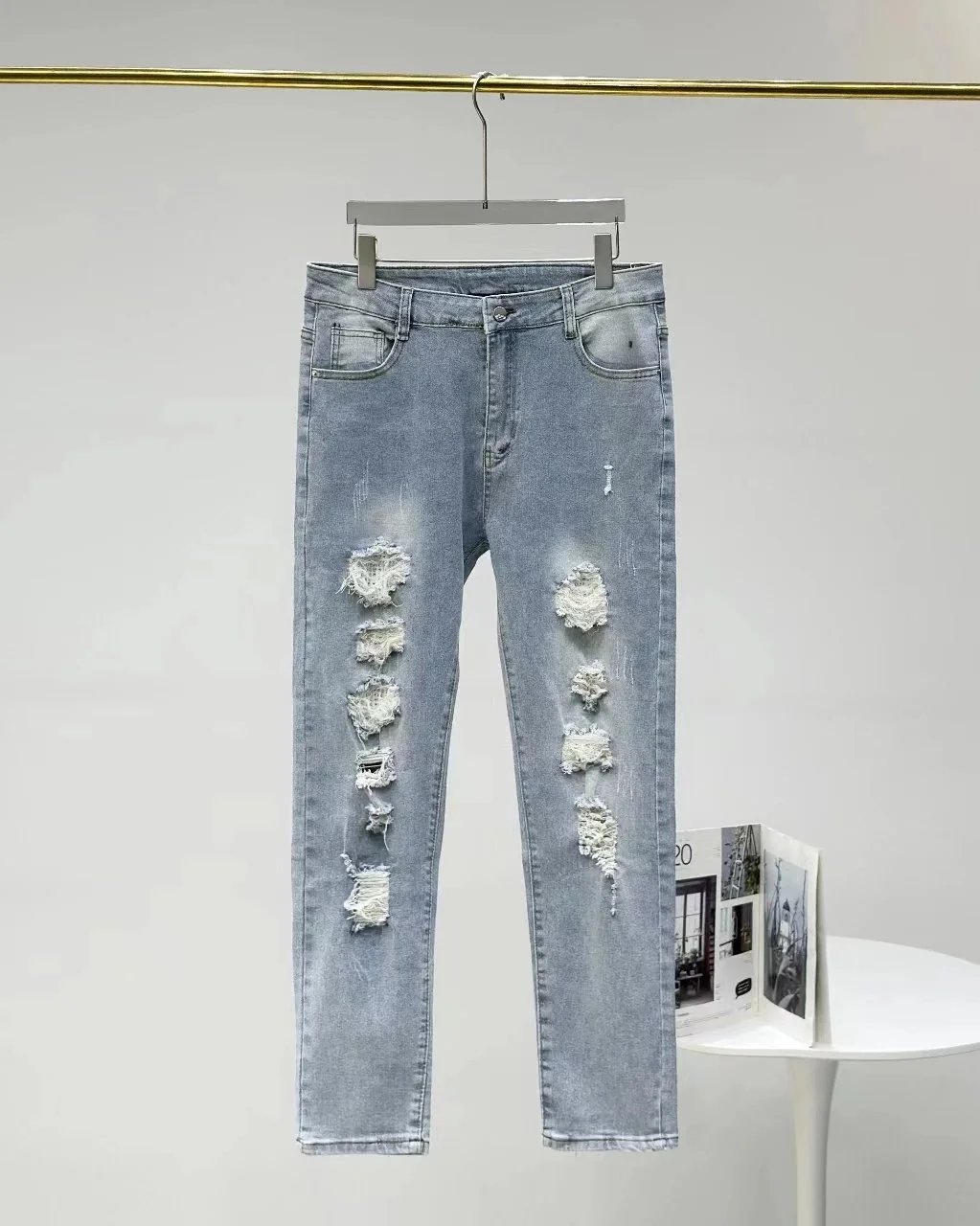 Distressed Light Blue Skinny Jeans for Women Fashion Ripped Denim Pants