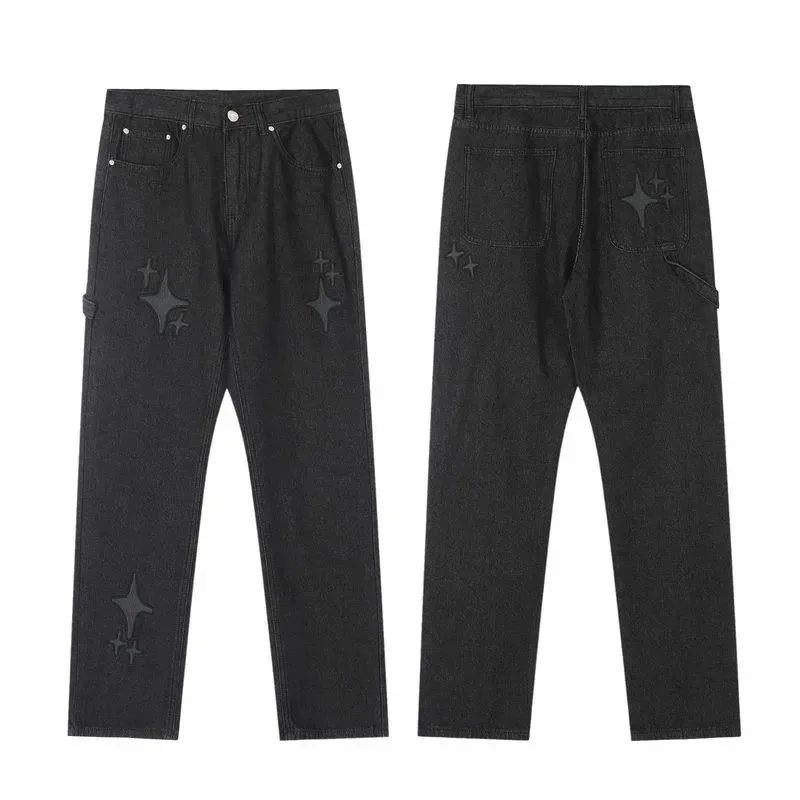 Black Star Pattern Denim Pants for Men Women Fashion Streetwear