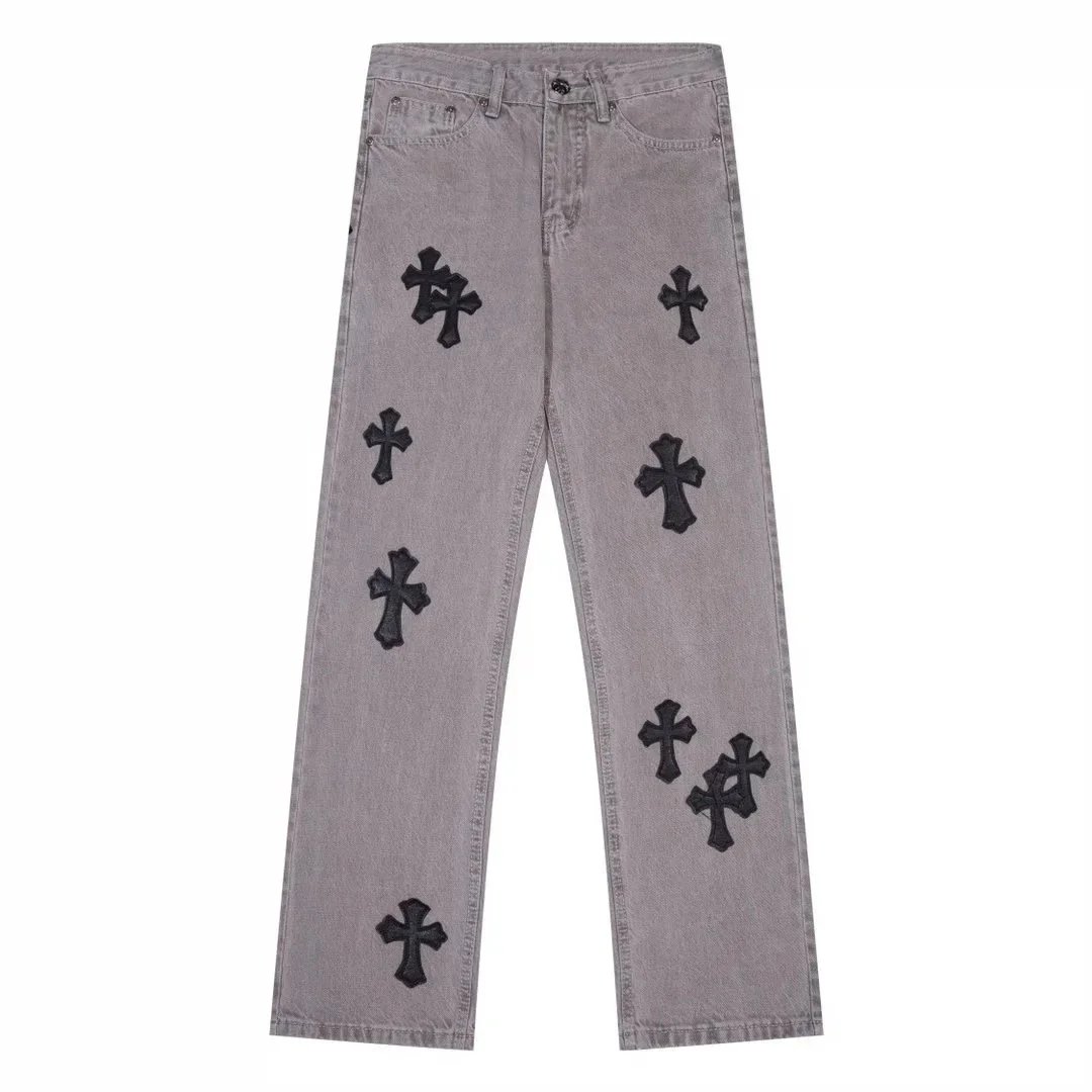 Gray Cross Embroidered Jeans for Men Women Fashion Streetwear