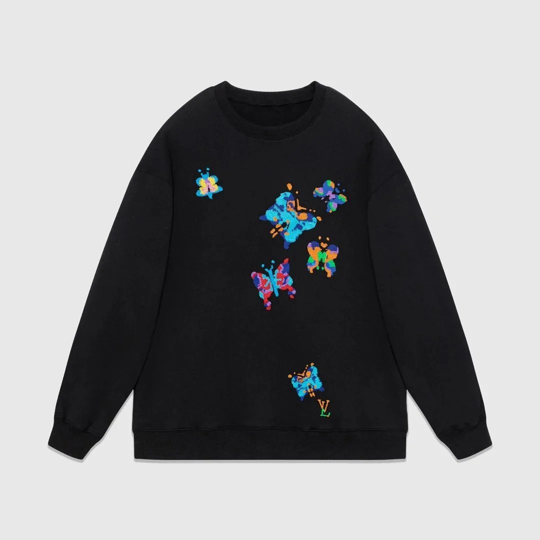 LV Colorful Butterfly Embroidered Black Sweatshirt