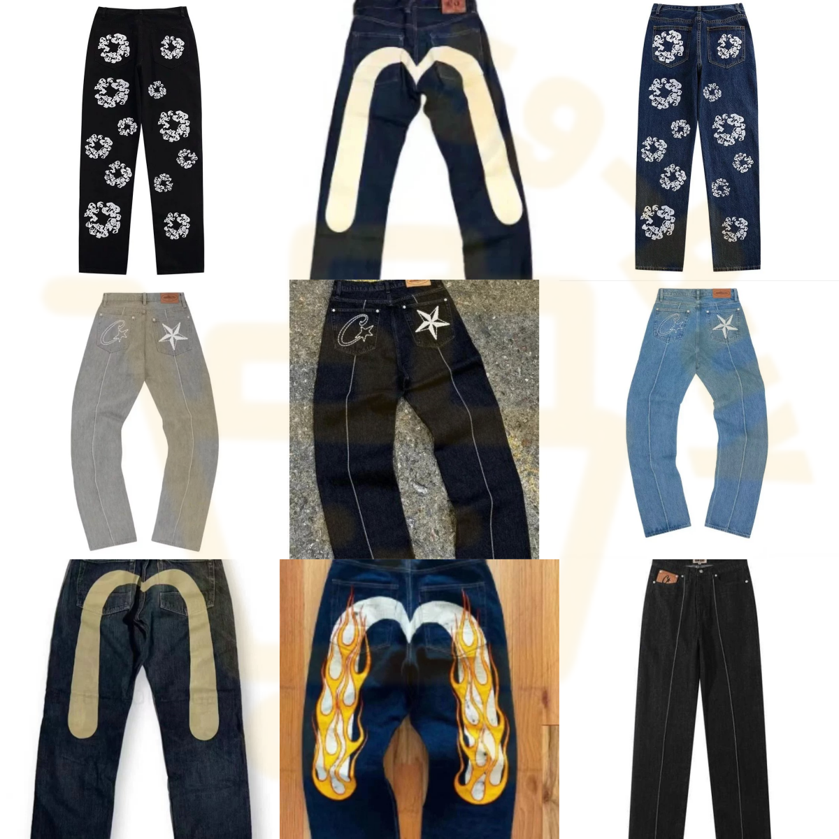Custom Embroidered Denim Jeans with Flame and Star Designs