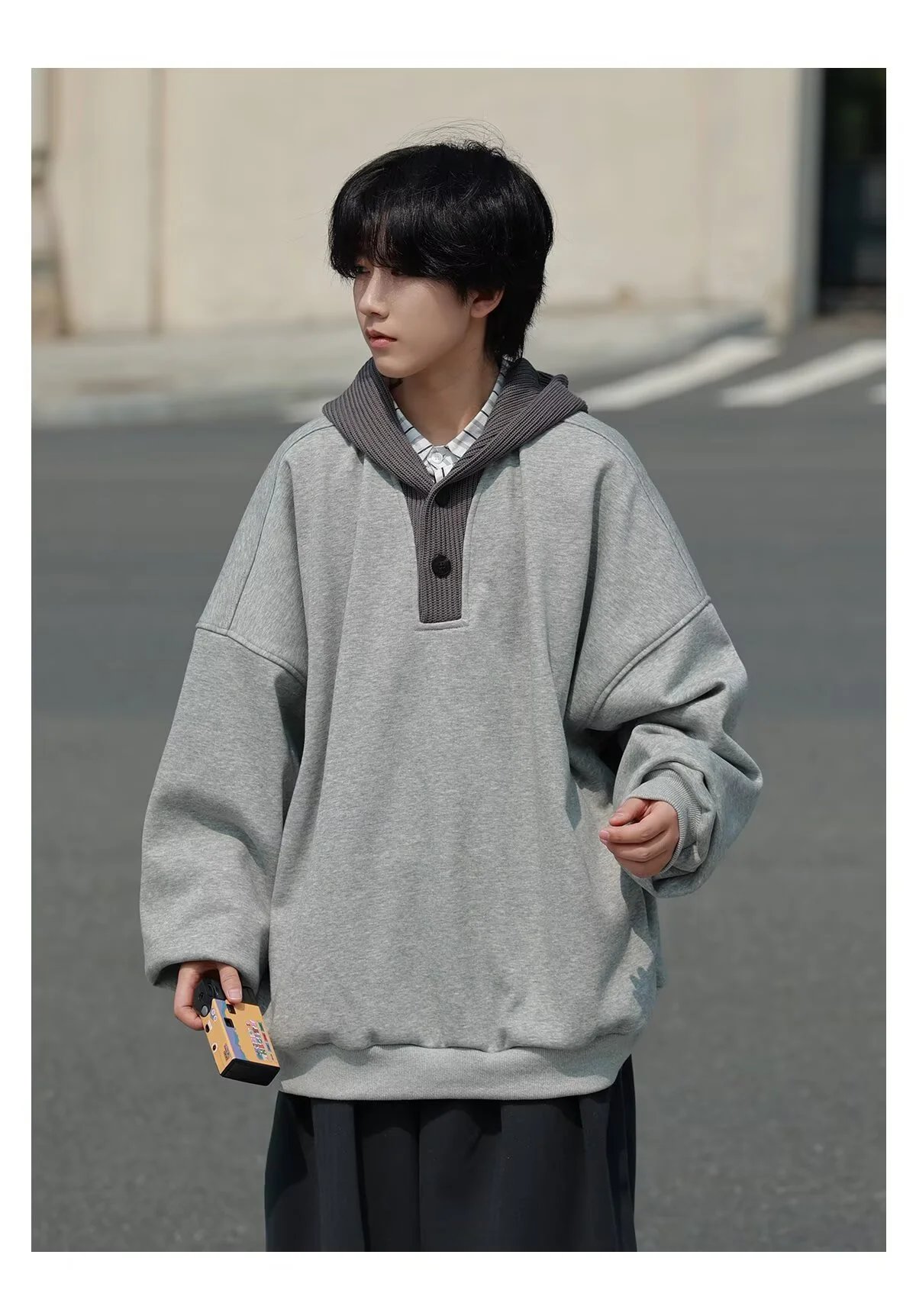 Gray Oversized Hoodie Sweatshirt with Knit Collar for Men
