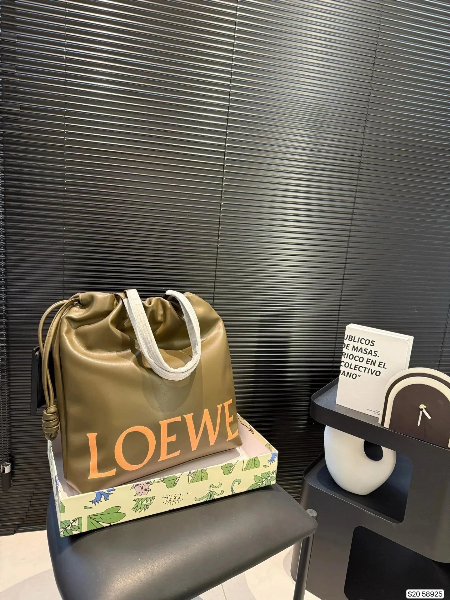 LOEWE Drawstring Tote Bag in Olive Green with Bold Logo