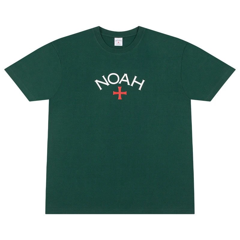 NOAH Green Logo T-Shirt with Red Cross Design