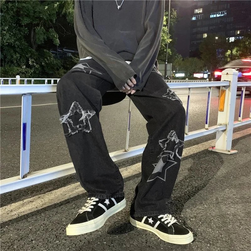 Stylish Black Star Print Denim Pants for Men Streetwear Fashion