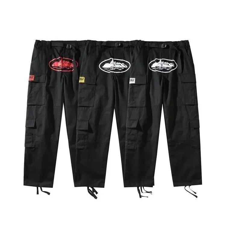 Black Cargo Pants with Ship Patch Design Men's Streetwear Style