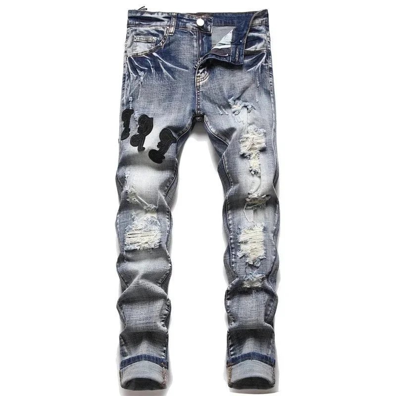 Ripped Distressed Denim Jeans Men Slim Fit Fashion Pants