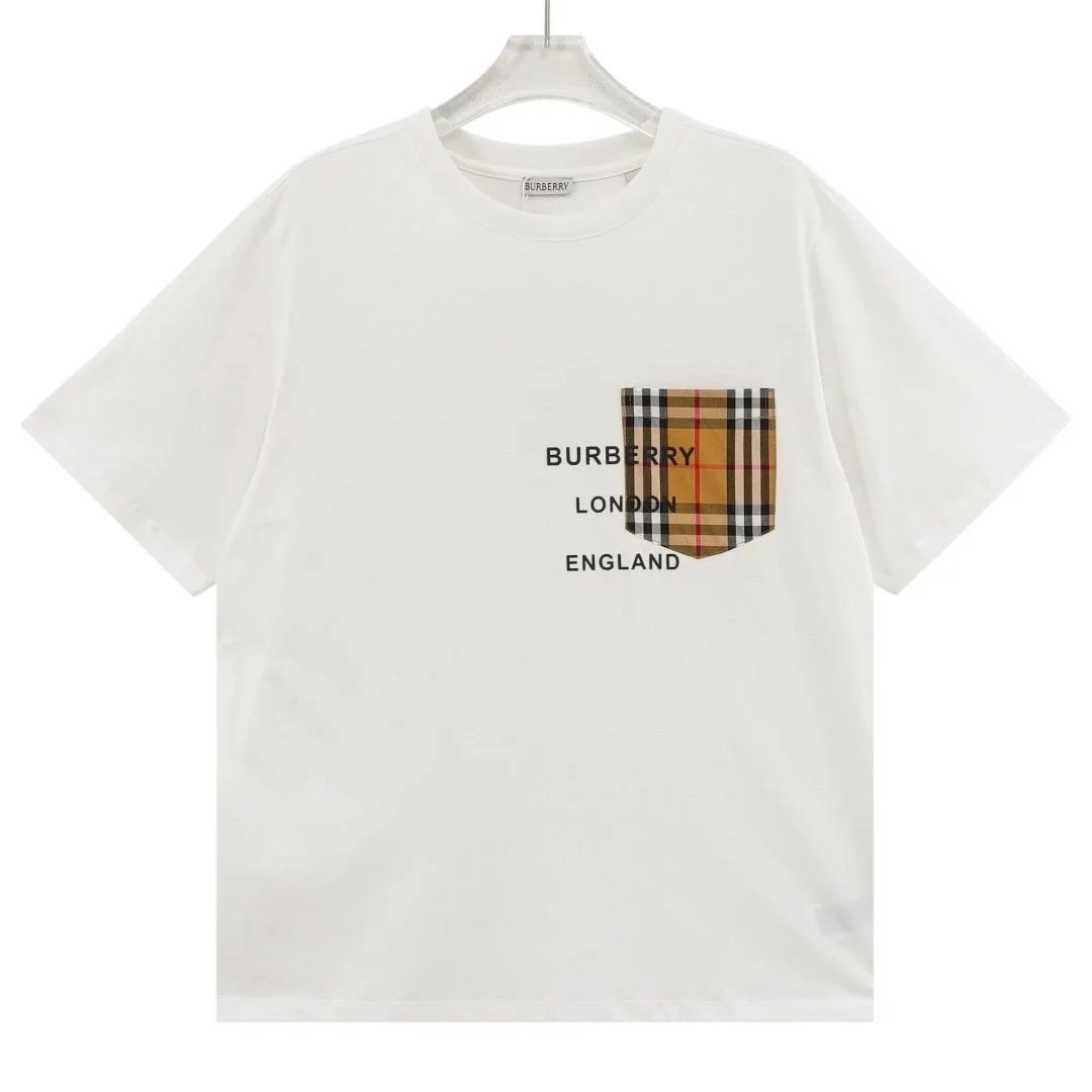 Burberry White T-Shirt with Check Pocket and Logo Print