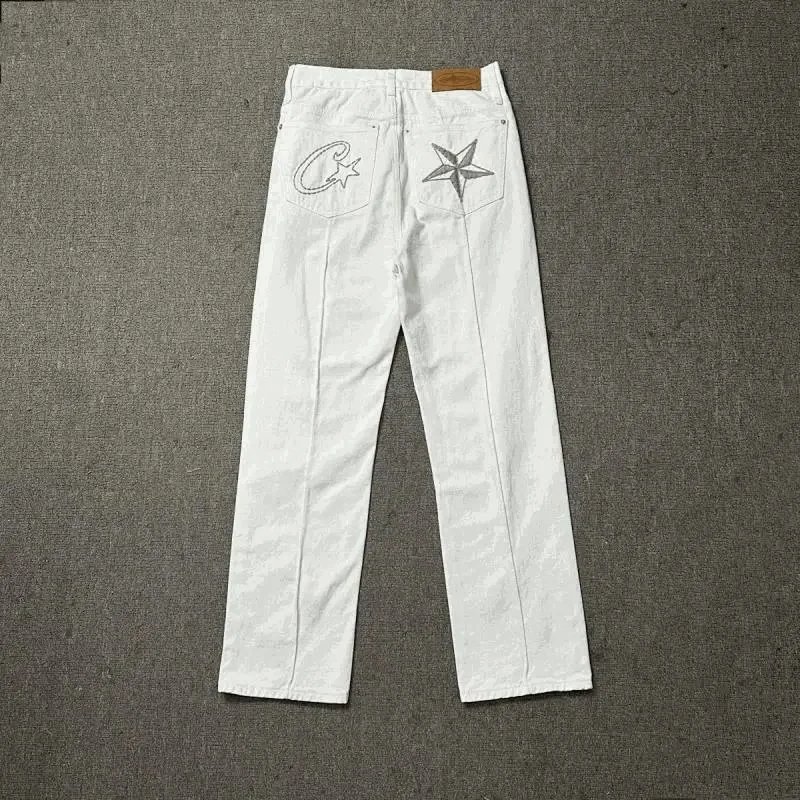 White Embroidered Denim Pants with Star and C Logo