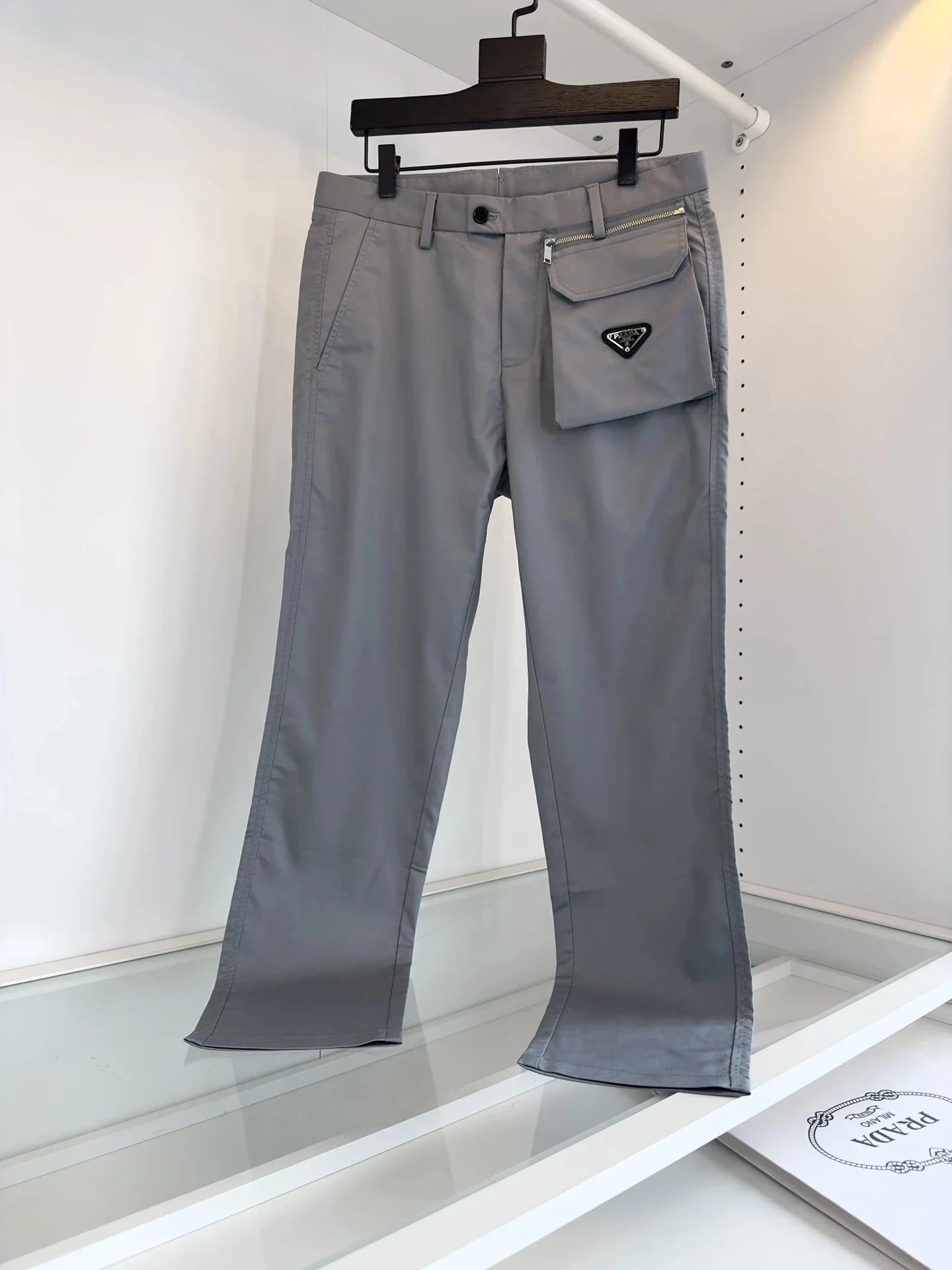 Prada Grey Tapered Fit Pants with Logo Patch Pocket