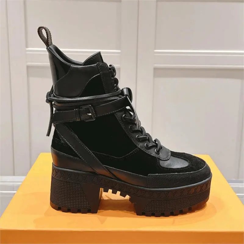 Black Leather Platform Combat Boots for Women