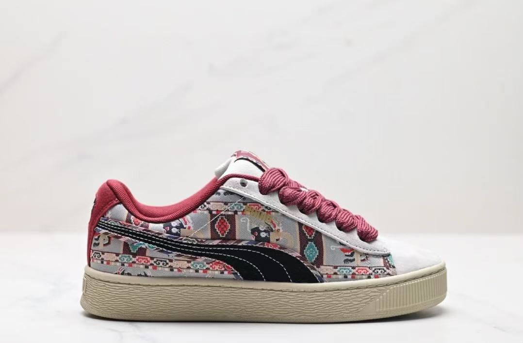 Puma Suede Sneakers with Ethnic Pattern and Red Laces